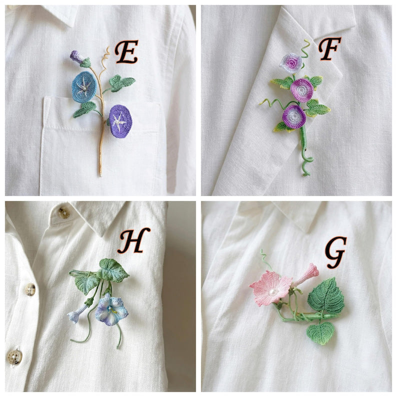 Handgehäkelte Morning Glory Brosche, zarte Spitzenblume, Art-Deco-Blumenbrosche mit Ranken