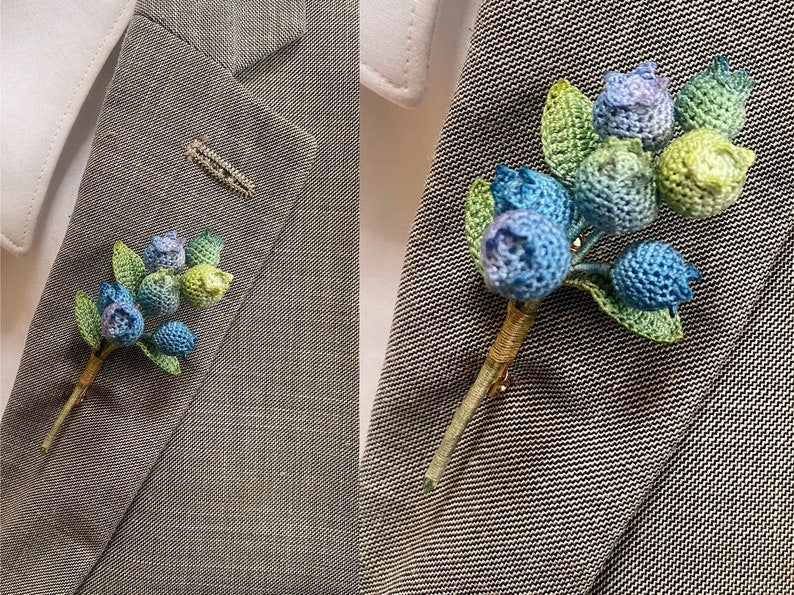 Blaubeer Brosche gehäkelt, handgemachte Blumen Brosche, 2 Stile