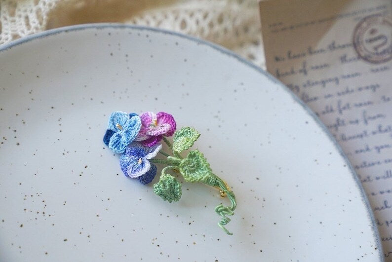 Micro Crochet Pansy Flower Brooch, 14K Gold-Plated Copper Clasp, Floral Pin