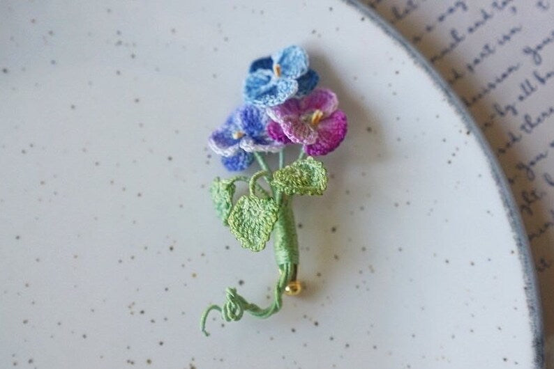Micro Crochet Pansy Flower Brooch, 14K Gold-Plated Copper Clasp, Floral Pin