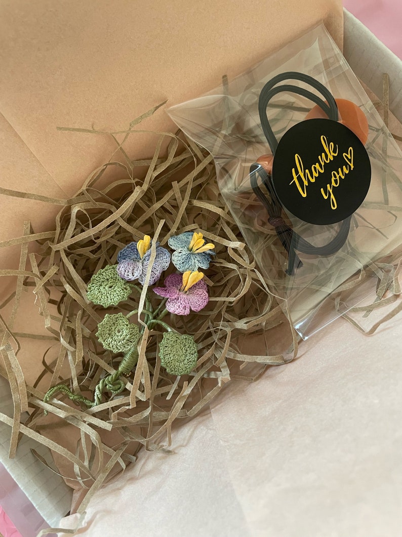 Micro Crochet Pansy Flower Brooch, 14K Gold-Plated Copper Clasp, Floral Pin