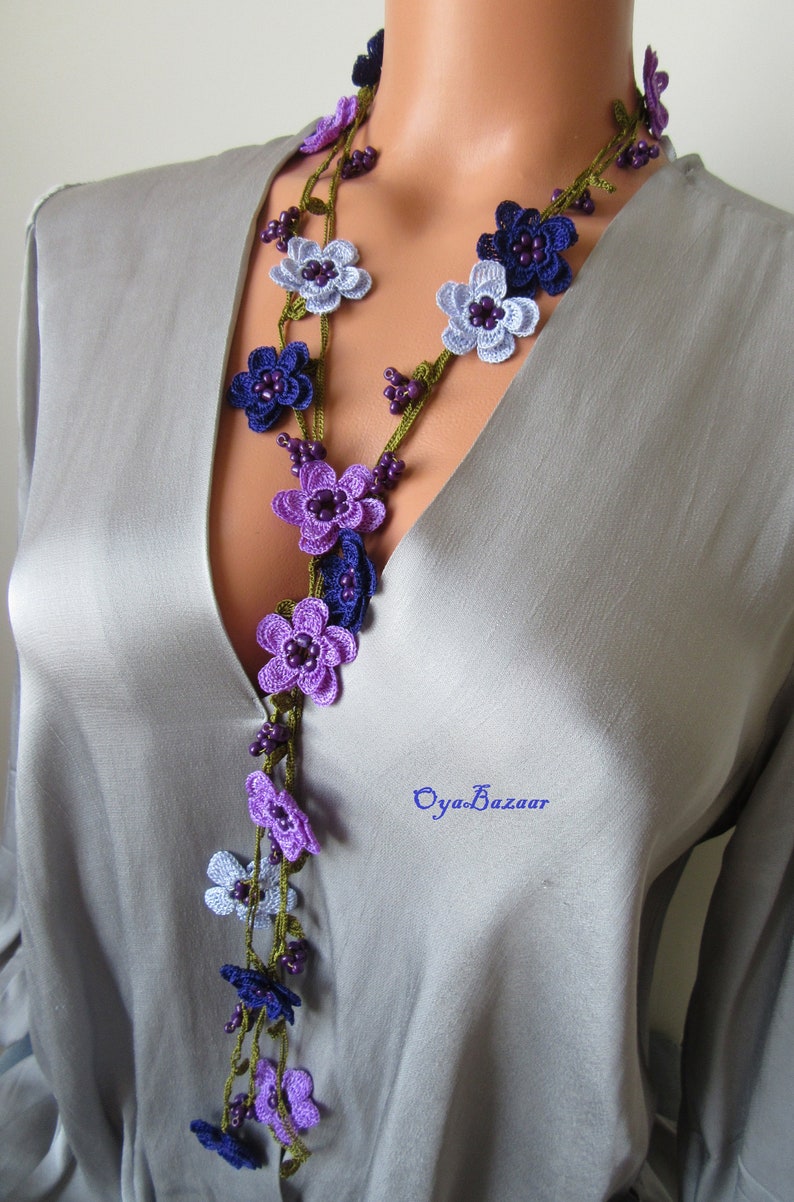 Häkelkette Türkisch Oya, Lavendel Blume Lariat, Lila Perlen Lange Wrap Frauen Halskette