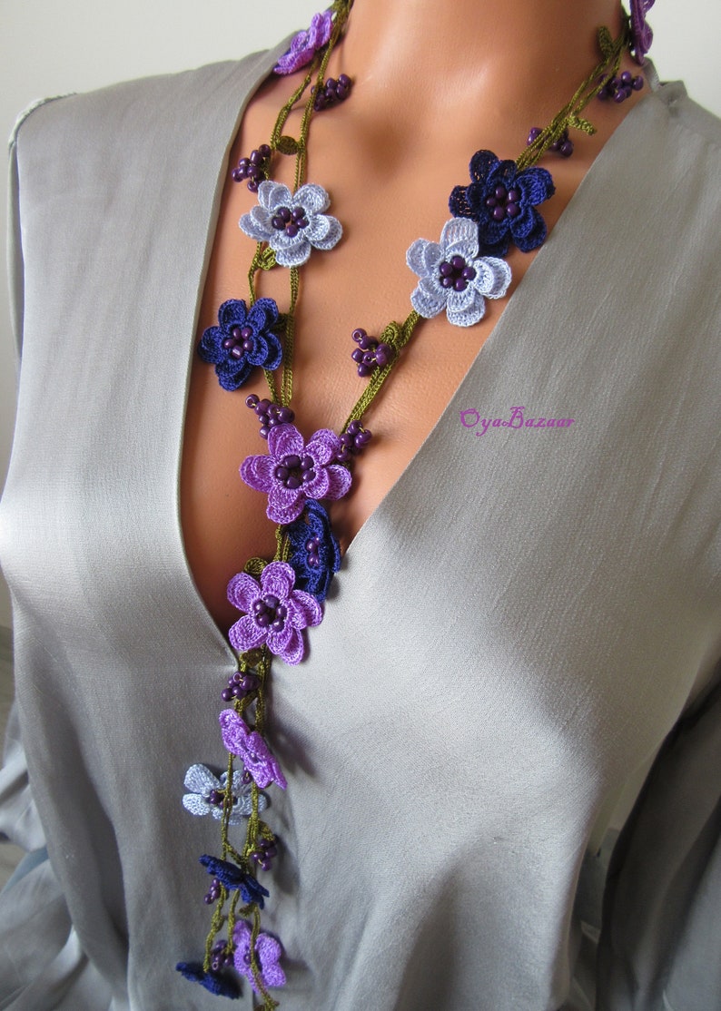 Häkelkette Türkisch Oya, Lavendel Blume Lariat, Lila Perlen Lange Wrap Frauen Halskette