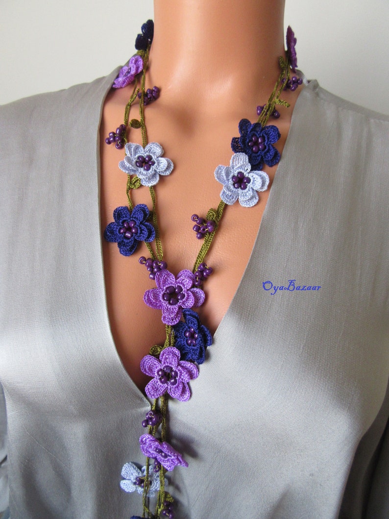 Häkelkette Türkisch Oya, Lavendel Blume Lariat, Lila Perlen Lange Wrap Frauen Halskette