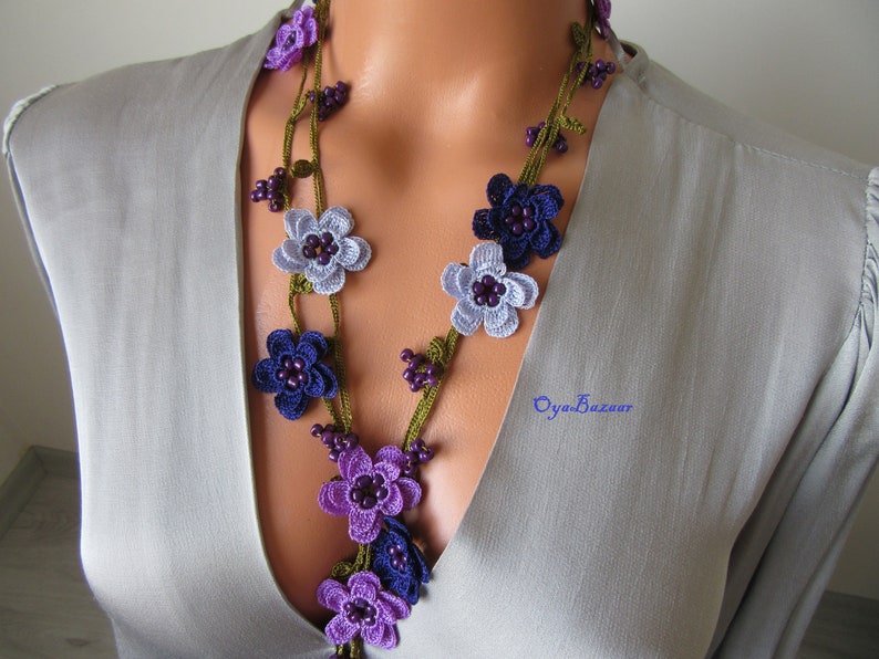 Häkelkette Türkisch Oya, Lavendel Blume Lariat, Lila Perlen Lange Wrap Frauen Halskette