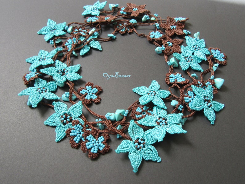 Blaue Stern Blume Häkelkette, Türkische Oya Spitze Lange Lariat, Türkis Perlen Häkelschmuck