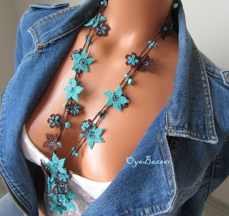 Blaue Stern Blume Häkelkette, Türkische Oya Spitze Lange Lariat, Türkis Perlen Häkelschmuck