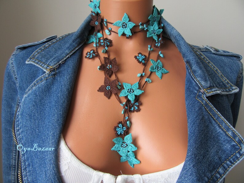 Blaue Stern Blume Häkelkette, Türkische Oya Spitze Lange Lariat, Türkis Perlen Häkelschmuck