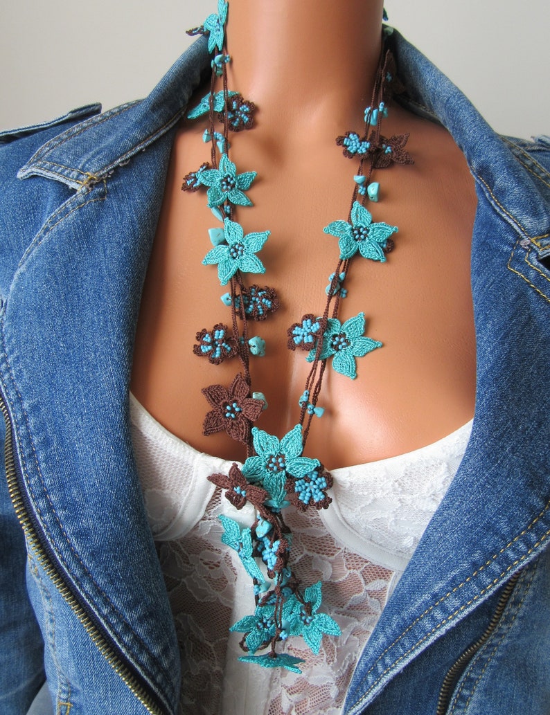 Blaue Stern Blume Häkelkette, Türkische Oya Spitze Lange Lariat, Türkis Perlen Häkelschmuck