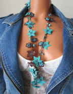 Blaue Stern Blume Häkelkette, Türkische Oya Spitze Lange Lariat, Türkis Perlen Häkelschmuck