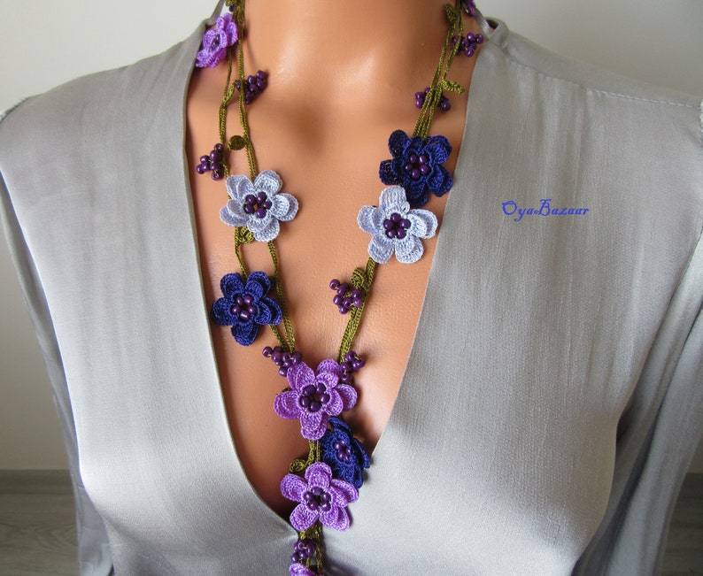 Häkelkette Türkisch Oya, Lavendel Blume Lariat, Lila Perlen Lange Wrap Frauen Halskette