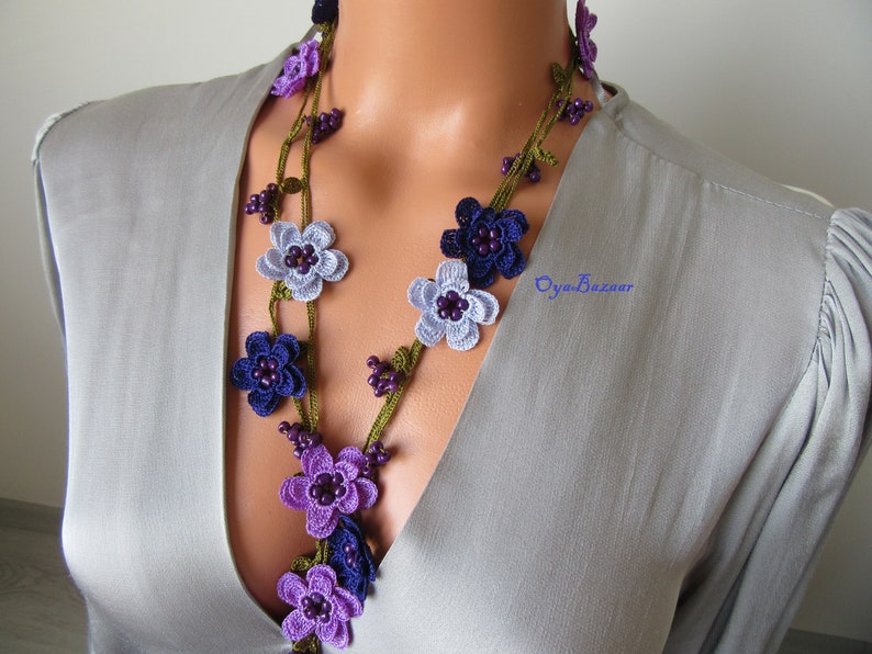 Häkelkette Türkisch Oya, Lavendel Blume Lariat, Lila Perlen Lange Wrap Frauen Halskette