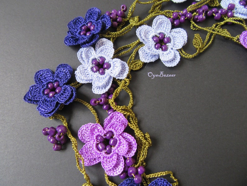 Häkelkette Türkisch Oya, Lavendel Blume Lariat, Lila Perlen Lange Wrap Frauen Halskette