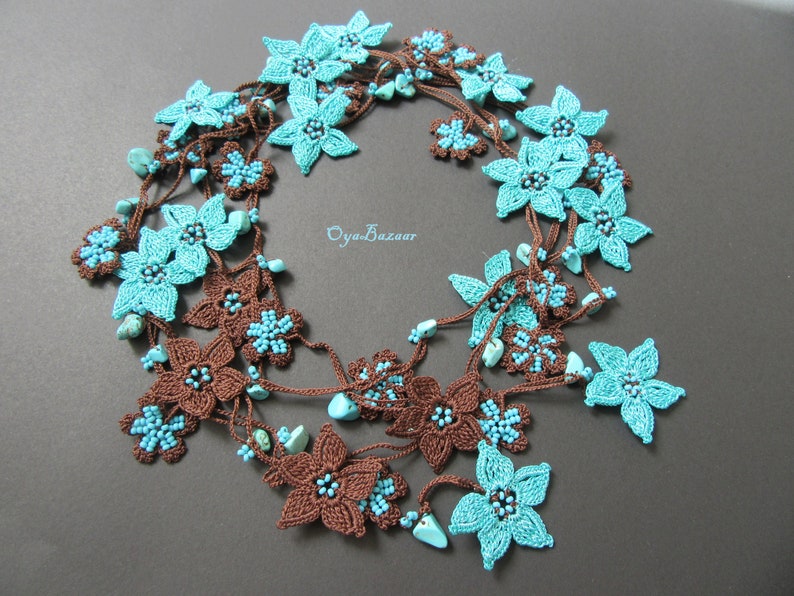 Blaue Stern Blume Häkelkette, Türkische Oya Spitze Lange Lariat, Türkis Perlen Häkelschmuck
