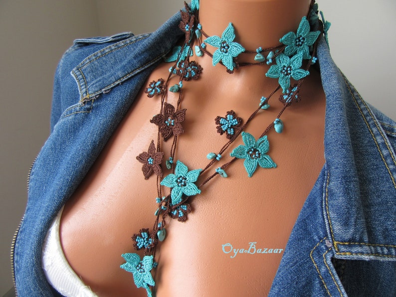 Blaue Stern Blume Häkelkette, Türkische Oya Spitze Lange Lariat, Türkis Perlen Häkelschmuck