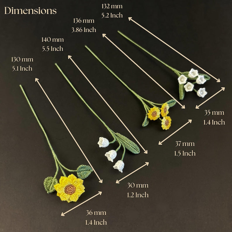 Gehäkeltes Blumen Lesezeichen Sonnenblume Maiglöckchen Osmanthus Narzisse