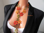 Türkische Oya Häkeln Lange Halskette, Gebrannte Orange Rost Herbst Blume Halskette, Herbst Farbe Lariat Halskette