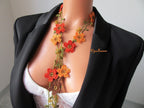 Türkische Oya Häkeln Lange Halskette, Gebrannte Orange Rost Herbst Blume Halskette, Herbst Farbe Lariat Halskette