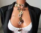 Braune Perlen türkische Oya Halskette, häkeln Herbst Farbe Boho Lariat, Floral lange Wickelkette