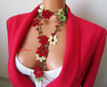 Rote Kristall Perlen Häkelkette, Türkische Oya Lariat, Blumen Lange Wickelkette