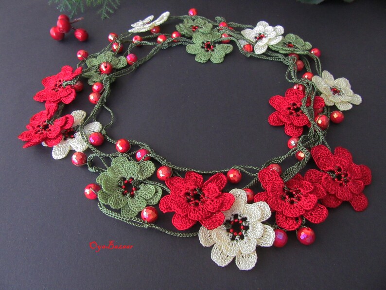 Rote Kristall Perlen Häkelkette, Türkische Oya Lariat, Blumen Lange Wickelkette