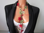 Rote Kristall Perlen Häkelkette, Türkische Oya Lariat, Blumen Lange Wickelkette