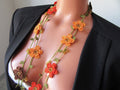 Türkische Oya Häkeln Lange Halskette, Gebrannte Orange Rost Herbst Blume Halskette, Herbst Farbe Lariat Halskette