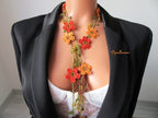 Türkische Oya Häkeln Lange Halskette, Gebrannte Orange Rost Herbst Blume Halskette, Herbst Farbe Lariat Halskette