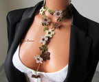 Braune Perlen türkische Oya Halskette, häkeln Herbst Farbe Boho Lariat, Floral lange Wickelkette