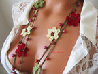Rote Kristall Perlen Häkelkette, Türkische Oya Lariat, Blumen Lange Wickelkette