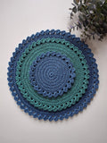 Runde gehäkelte Tischsets, 4 Größen, Makramee Polyesterseil 1-2 mm, Ø 32/28/26/15 cm