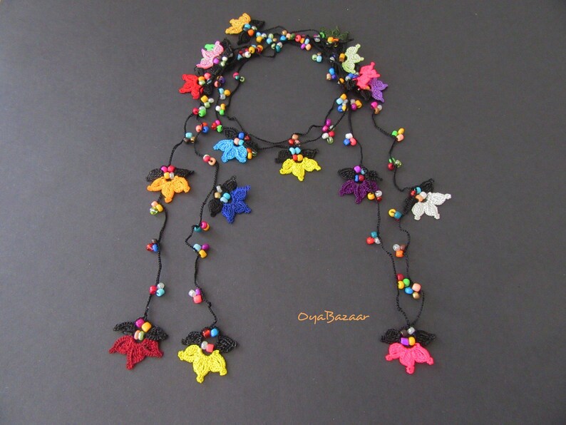 Multicolor Perlen Häkelkette, Bunte Blumen Wrap Halskette, Boho Floral Lange Lariat