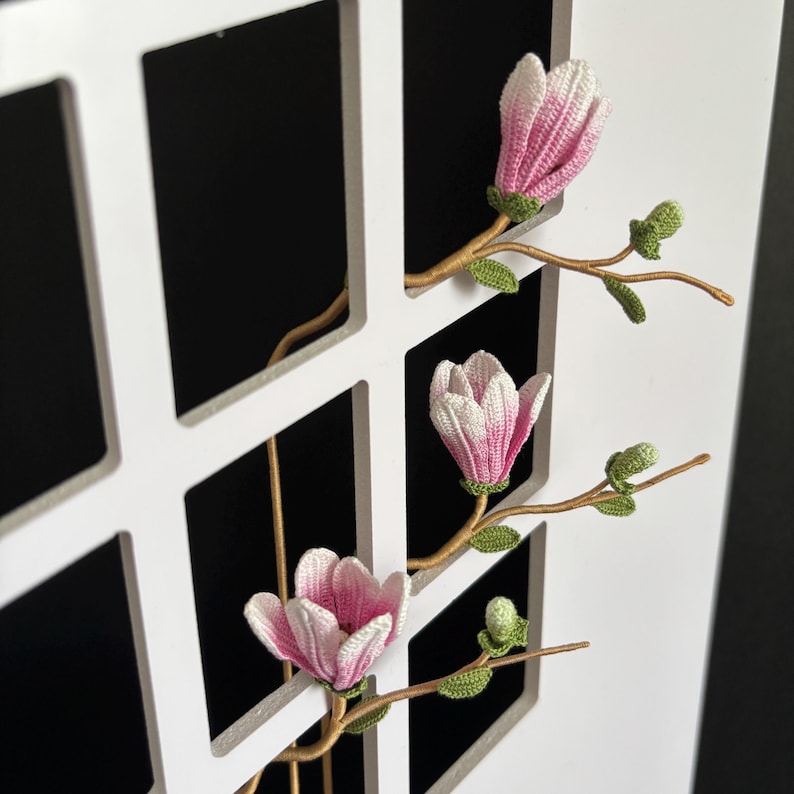 Mikro Häkeln Lesezeichen Rosa Magnolie Pastell Floral Handgemacht Lese Accessoire