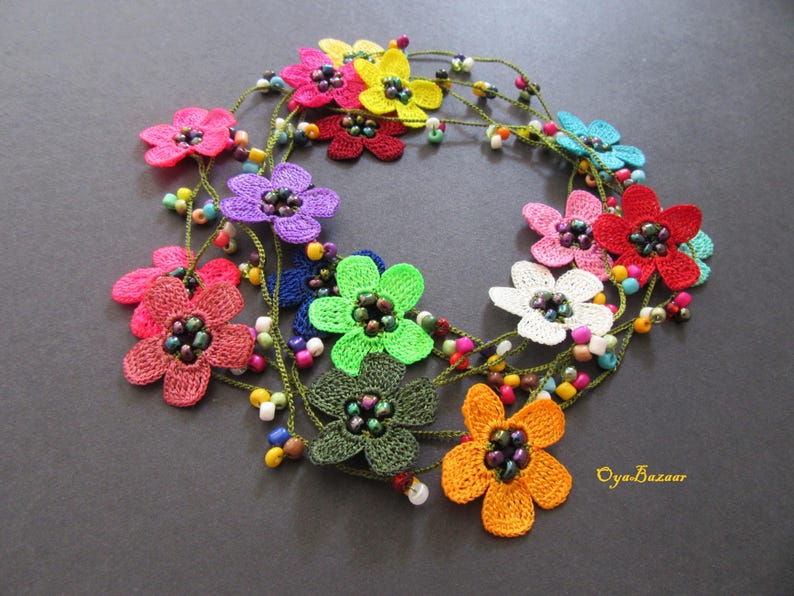 Handgemachte Häkelkette Lariat, Türkische Oya Spitze Schmuck, Boho Multicolor Lange Wickelkette