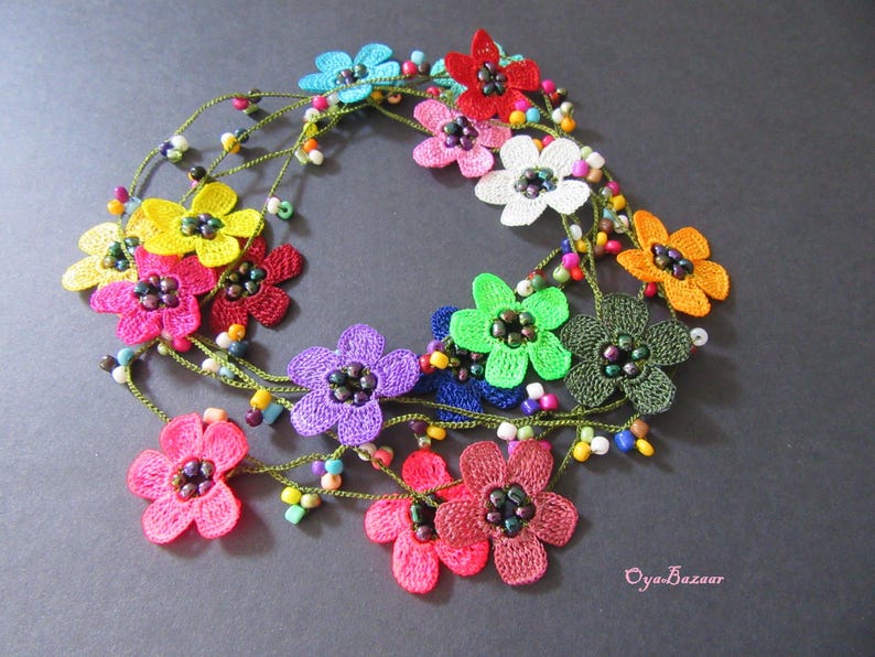 Handgemachte Häkelkette Lariat, Türkische Oya Spitze Schmuck, Boho Multicolor Lange Wickelkette