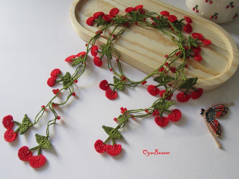 Kirsche Häkelkette, Lange Frucht Sommer Lariat, Türkische Oya-Spitze, Frucht-Halskette