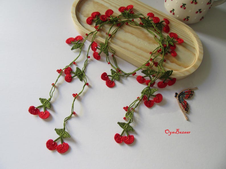 Kirsche Häkelkette, Lange Frucht Sommer Lariat, Türkische Oya-Spitze, Frucht-Halskette
