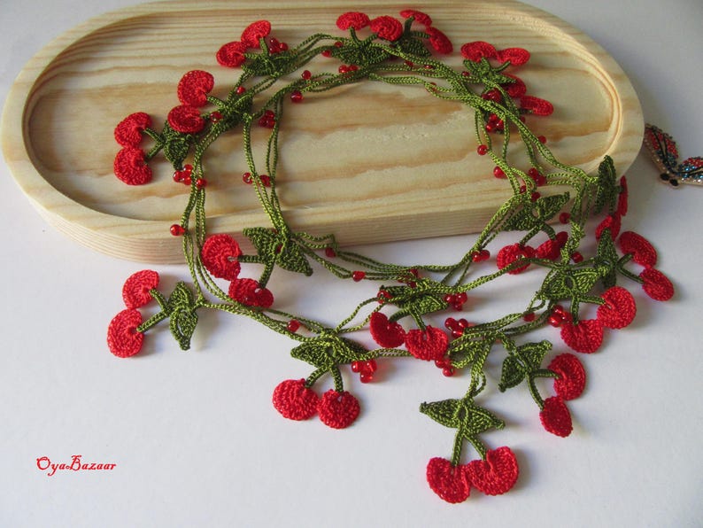 Kirsche Häkelkette, Lange Frucht Sommer Lariat, Türkische Oya-Spitze, Frucht-Halskette