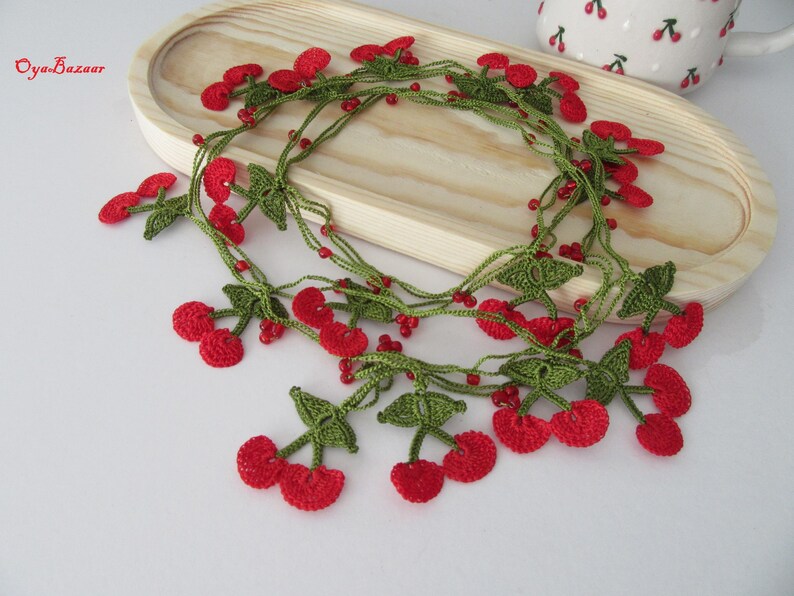Kirsche Häkelkette, Lange Frucht Sommer Lariat, Türkische Oya-Spitze, Frucht-Halskette