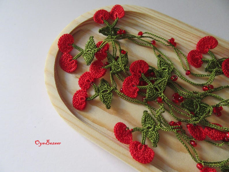 Kirsche Häkelkette, Lange Frucht Sommer Lariat, Türkische Oya-Spitze, Frucht-Halskette