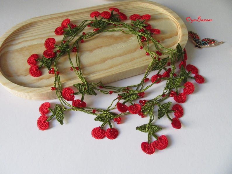 Kirsche Häkelkette, Lange Frucht Sommer Lariat, Türkische Oya-Spitze, Frucht-Halskette