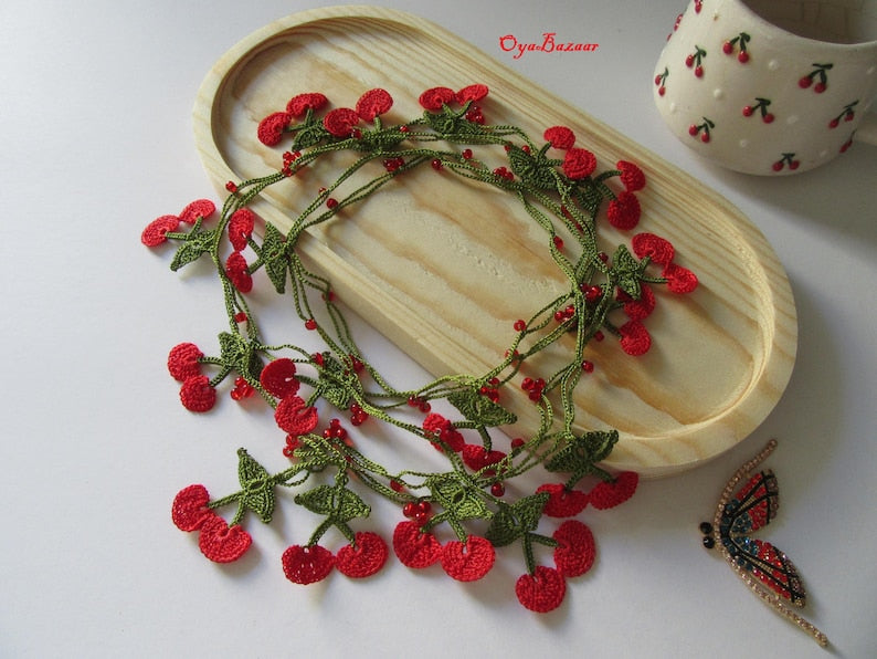 Kirsche Häkelkette, Lange Frucht Sommer Lariat, Türkische Oya-Spitze, Frucht-Halskette