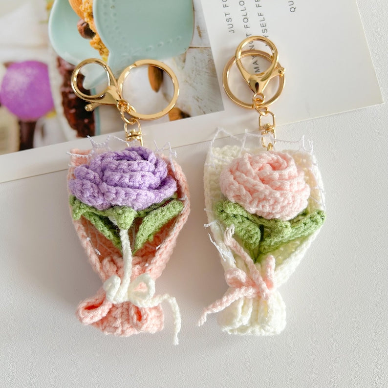 Crochet Flower Keychain – Sunflower, Tulip, or Rose Keyring for Keys, Bag, Backpack