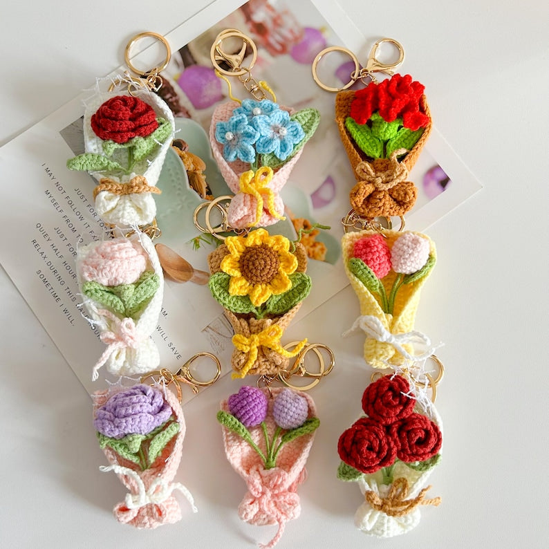 Crochet Flower Keychain – Sunflower, Tulip, or Rose Keyring for Keys, Bag, Backpack