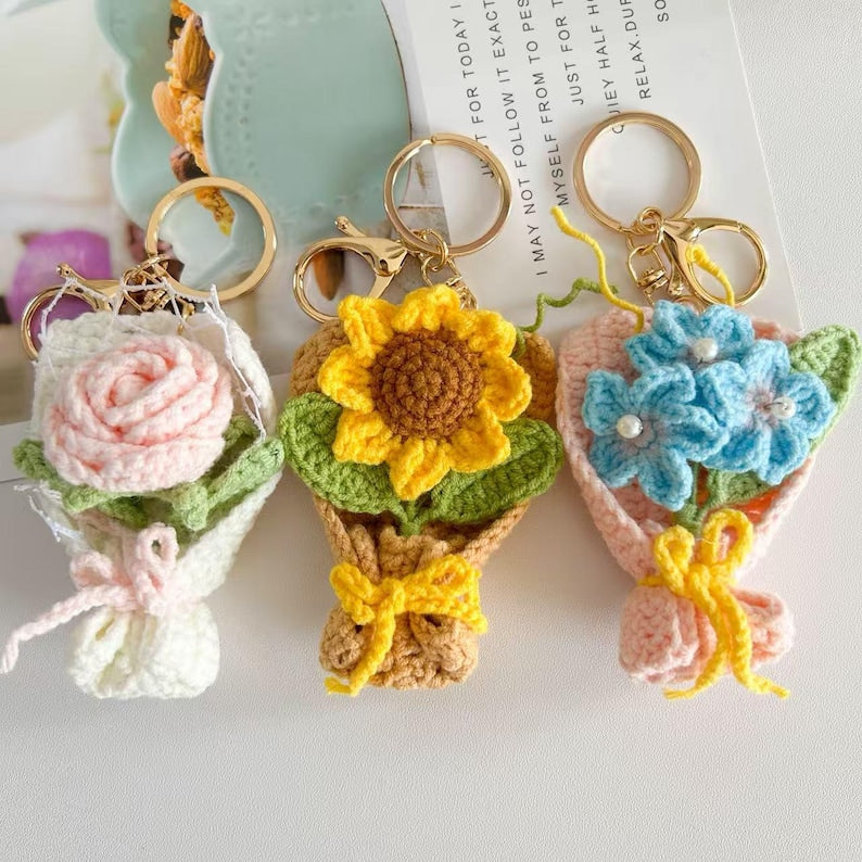 Crochet Flower Keychain – Sunflower, Tulip, or Rose Keyring for Keys, Bag, Backpack
