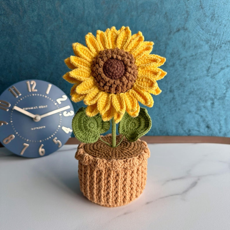 Gehäkelter Sonnenblumentopf, handgemachte Pflanzengeschenk Blume für Weihnachten, Mutter, Oma, Kollegen, Geburtstag, Dankeschön