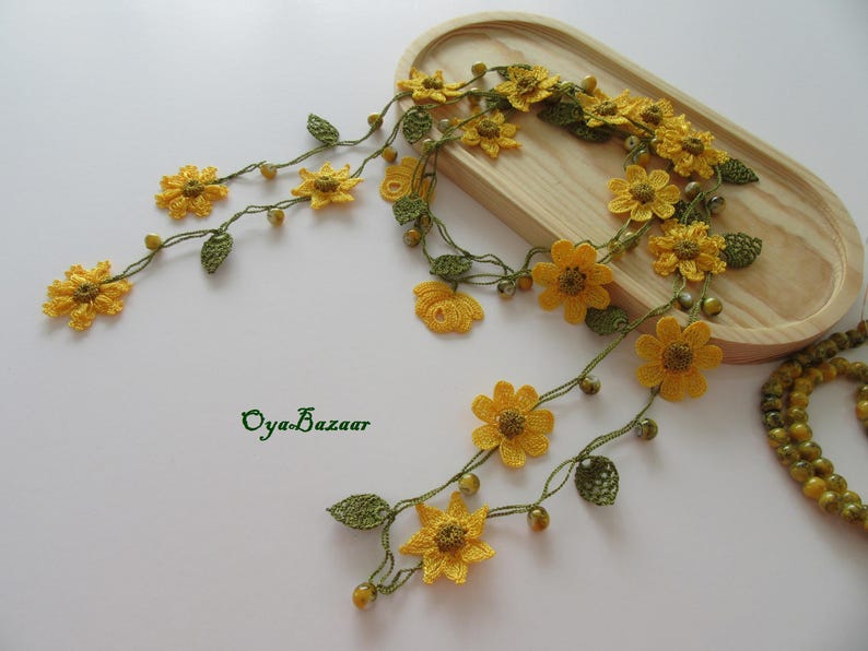 Gelbe Blumen Lange Wickelkette, Perlen Häkelkette, Türkische Oya Spitze Lariat, Häkelschmuck