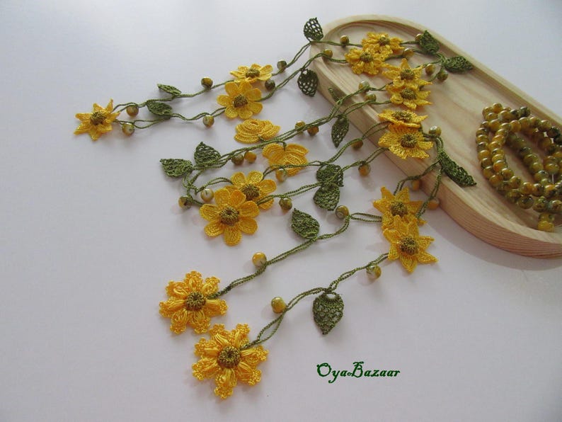 Gelbe Blumen Lange Wickelkette, Perlen Häkelkette, Türkische Oya Spitze Lariat, Häkelschmuck