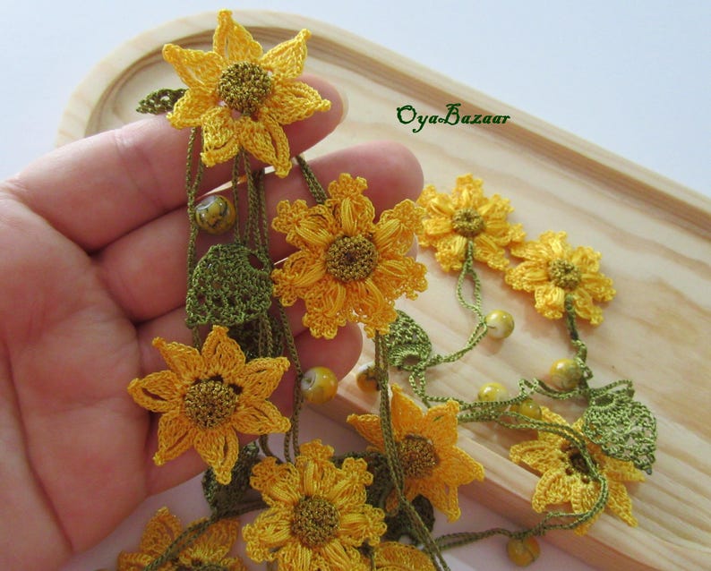 Gelbe Blumen Lange Wickelkette, Perlen Häkelkette, Türkische Oya Spitze Lariat, Häkelschmuck