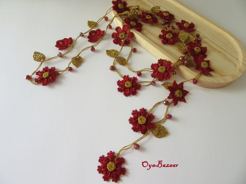 Lariat Häkelkette, Häkelkette, Lariat Blumenmuster, Türkischer Oya Schmuck